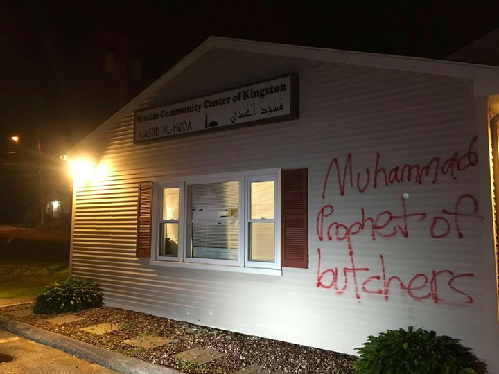 A vandal spray-painted “Muhammad Prophet of Butchers” on the The Muslim Community Center of Kingston’s Masjid Al-Hoda in South Kingstown, Rhode Island, in July 2016.