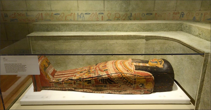 While tombs built in the later dynasties 664-332 BC were generally plain, coffins like this hieroglyph-decorated one were adorned from head to toe.