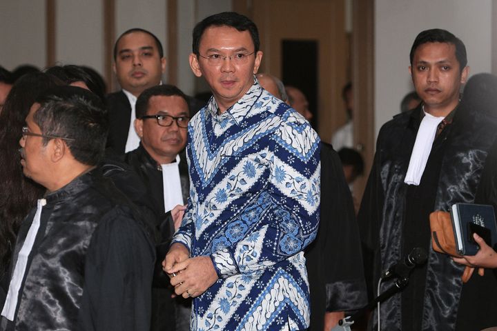 Jakarta Governor Basuki Tjahaja Purnama is seen inside a court during his trial for blasphemy in Jakarta, Indonesia May 9, 2017 in this photo taken by Antara Foto.