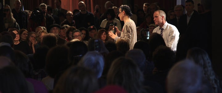 Andrea Mitchell, left, and Rep. Sean Patrick Maloney (D-N.Y.) address a town hall meeting on health care reform Monday.<i></i