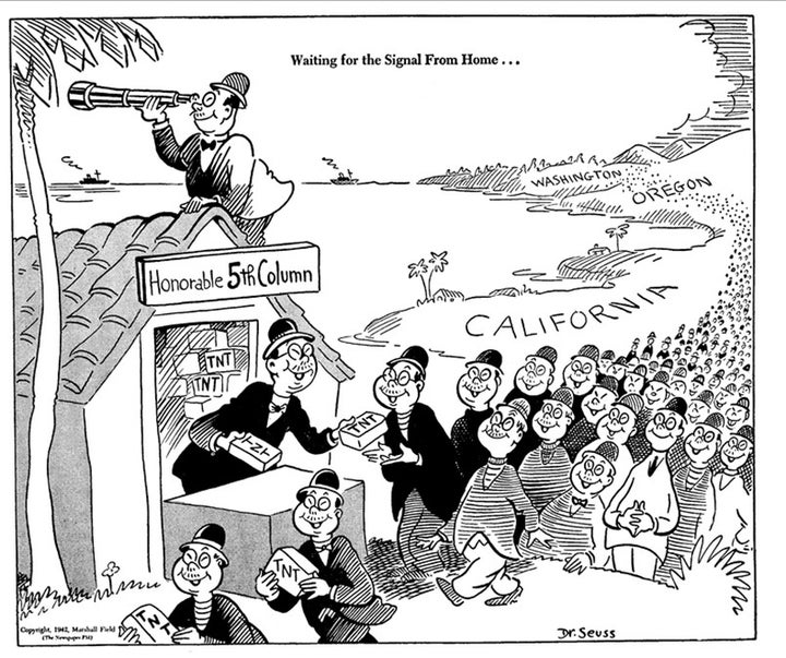 <p>Note the artist’s name in the corner. No Japanese Americans were ever convicted of espionage during WWII, and all rumors of a “5th Column” were thoroughly debunked.</p>