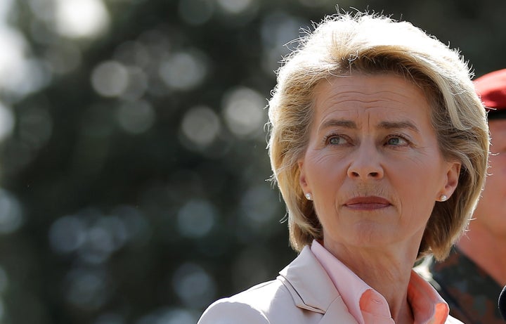 German Defence Minister Ursula von der Leyen addresses journalists, after her visit at the Jaeger Battalion 291 (Light Infantry) based at the "Quartier Leclerc", a military facility for French and German military units in Illkirch-Graffenstaden near Strasbourg, France May 3, 2017.