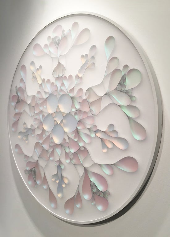 Side view of <em>Grab As You Go</em>, 47 x 47 x 2 inches, mixed media on panel