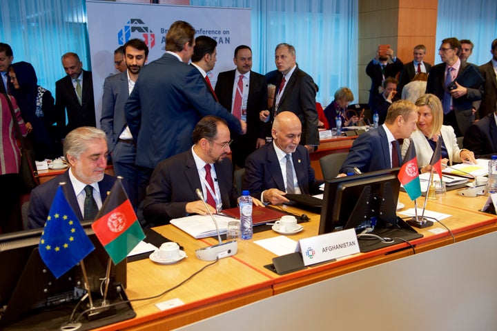 Afghan Chief Executive Abdullah and President Ghani at Afghanistan Conference in Brussels October 5, 2016