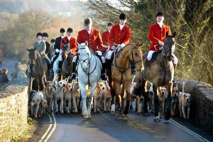 The Avon Vale hunt makes its way to the village of Laycock, Wiltshire on the traditional Boxing Day meet.