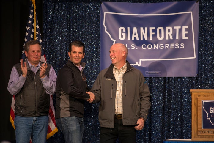 Republican Greg Gianforte campaigns for the U.S. House of Representatives on April 22, 2017, in Bozeman, Montana. Donald Trump Jr. appeared at the event to support Gianforte.