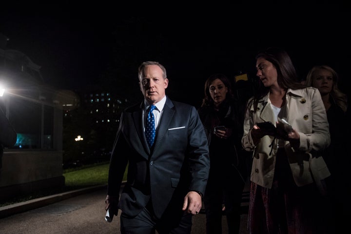 White House press secretary Sean Spicer speaks to reporters outside the West Wing after President Trump terminated FBI Director James Comey.