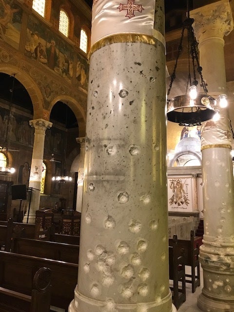 A pillar at the Coptic Church in Cairo with bullet holes from the terrorist attack on December 26 last year where 29 people lost their lives. In April this year, terrorists killed dozens and injured hundreds Coptic Christians during a twin bombing attack.