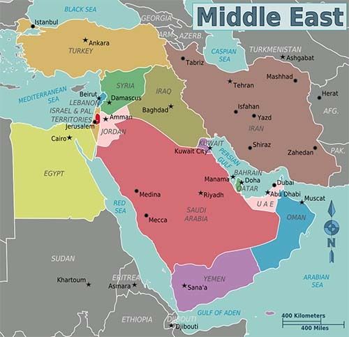 Screen shot of Middle East map with Lebanon in the eastern Mediterranean