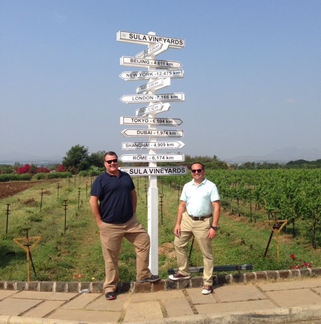 12,475 kilometers from home, the authors enjoy a visit to Sula Vineyards in Nashik. 