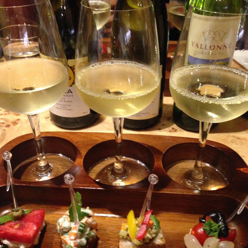 A trio of white wine from Nashik paired with appetizers at the Gateway Hotel Ambad