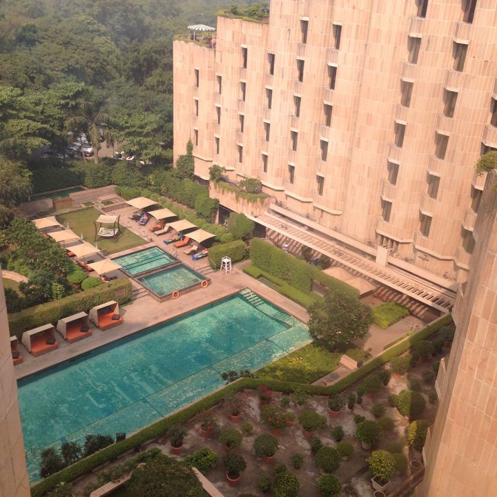 The refreshing courtyard pool at the ITC Maurya, an extravagant hideaway in New Delhi. 