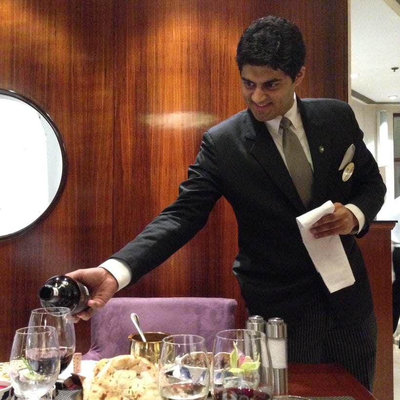 Elegant wine service is a mainstay at Indian hotel restaurants.