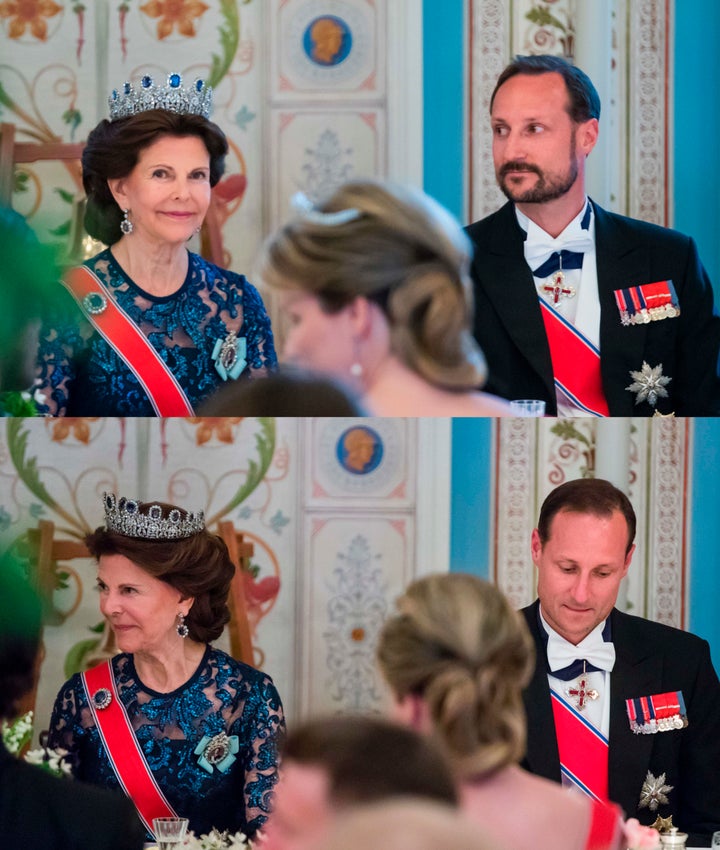 A combination of pictures shows Queen Silvia of Sweden sitting next to Crown Prince Haakon of Norway before (top) and after he shaved his beard during a gala dinner at the Royal Palace in Oslo, Norway, on May 9,