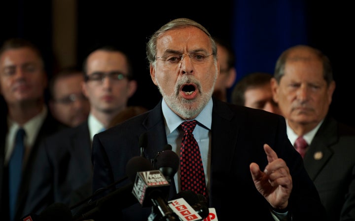 In this photo from 2011, Assemblyman Dov Hikind speaks at a rally in New York with Jewish leaders from the U.S. and Israel. Hikind, who for many years was a high-ranking member of a terror organization, wrote an op-ed in April accusing Muslim activist Linda Sarsour of being an “apologist for terror.”