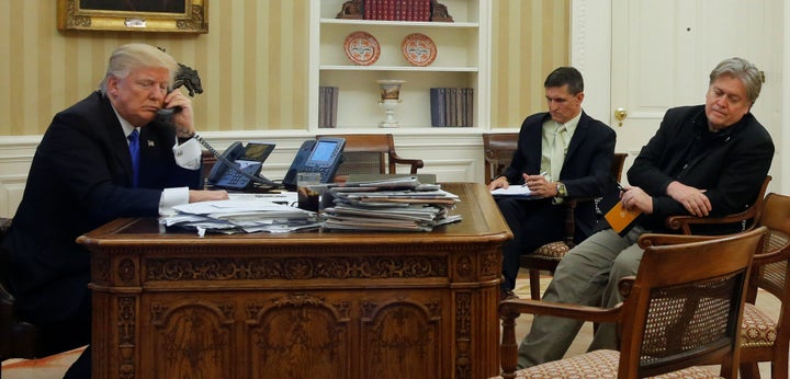 President Donald Trump speaks with Australian Prime Minister Malcolm Turnbull in January, accompanied by then-national security adviser Michael Flynn, center, and chief strategist Steve Bannon, right.