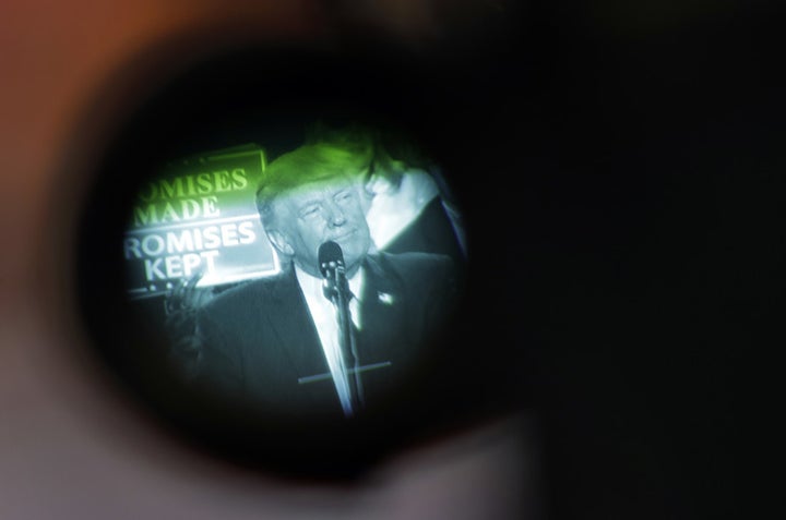 Trump seen through a TV camera’s viewfinder in Harrisburg, Pennsylvania on April 29, 2017.