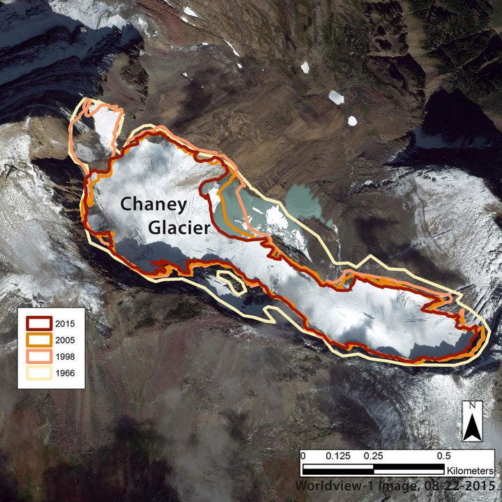 Scientists use aerial photography and satellite images to measure the perimeters of the glaciers in late summer, when seasonal snow has melted to reveal the extent of glacial ice. The measurements are from 1966, 1998, 2005 and 2015/2016, marking approximately 50 years of glacial melting.