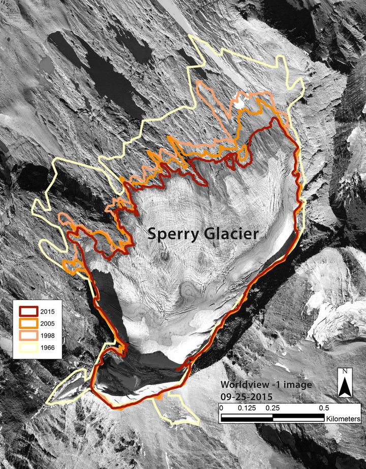Satellite images show the rapid retreat of Sperry Glacier, one of 39 ice sheets in Montana's Glacier National Park, since 1966. 