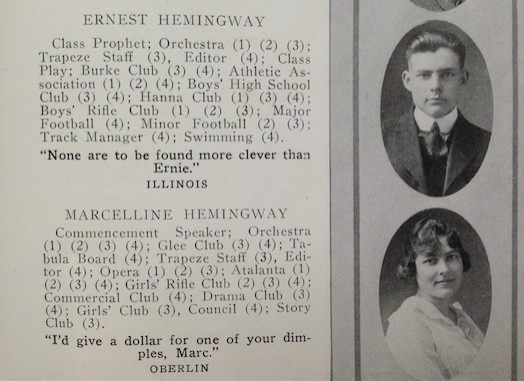 <p>Hemingway’s yearbook entry, just above his “twin” sister, Marcelline.</p>