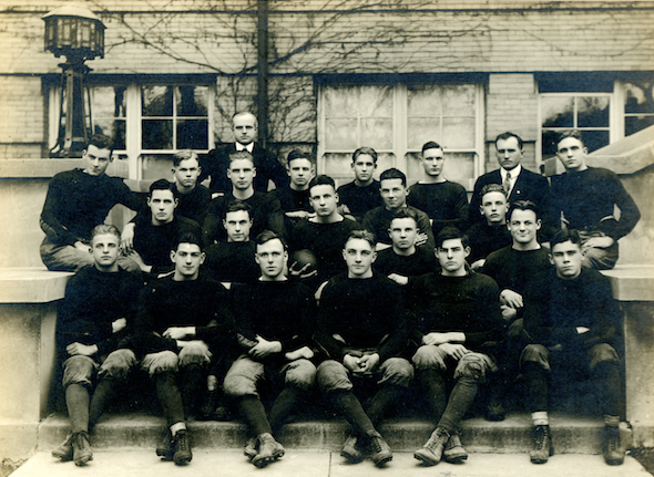 <p>Hemingway and his high school football team. The budding author is second from the right, on the bottom row. </p>