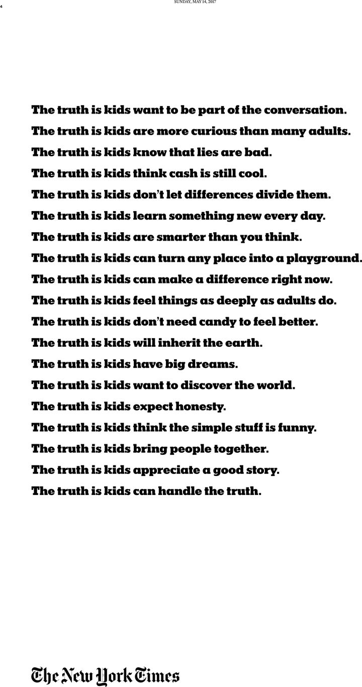 The May 17 Kids section included a child-friendly version of the newspaper’s “Truth is Hard” brand campaign.