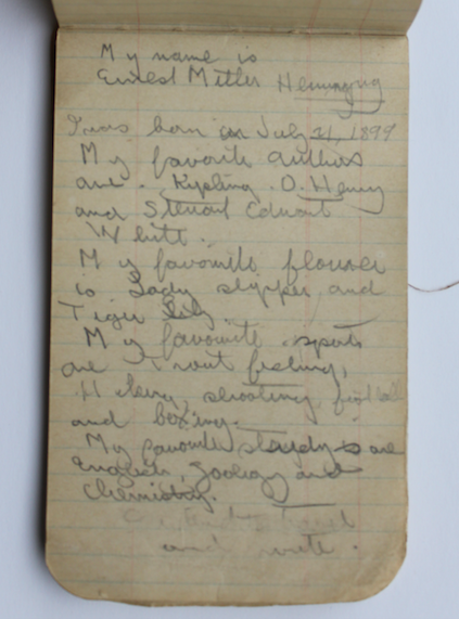 Hemingway’s notebook citing his favorite authors, flower, sports and courses of study.