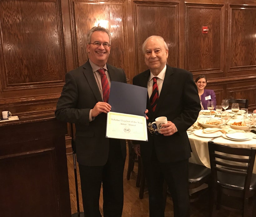 School of International Service (SIS) Dean James Goldgeier presents Ambassador Akbar Ahmed with the SIS Scholar-Teacher of th