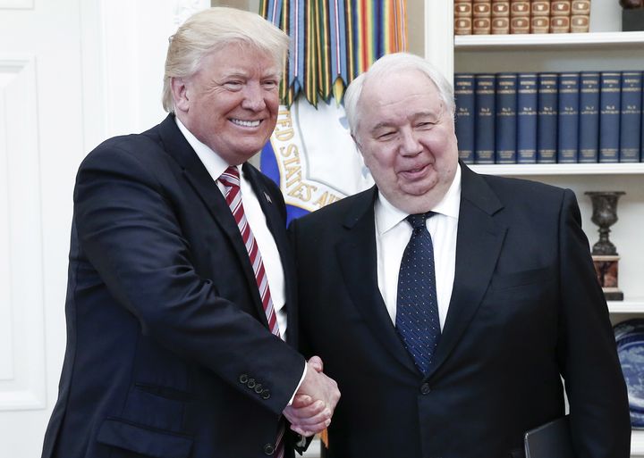 President Donald Trump shakes hands with Russian Ambassador to the United States Sergey Kislyak in the Oval Office, May 10, 2017.