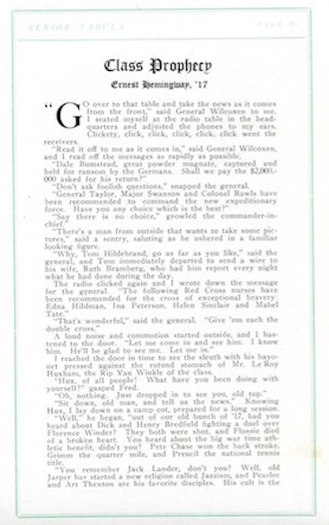 <p>Hemingway’s satirical vision of the future for his classmates.</p>