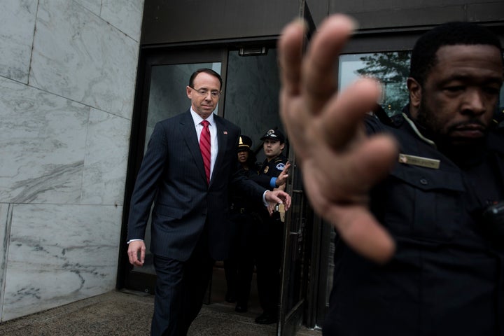 Deputy Attorney General Rod Rosenstein leaves after a closed meeting with Senate Intelligence Committee senior members Richar