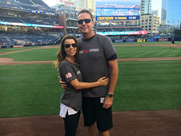 <p>Lori and Darren took part in last year’s Strike Out Stroke night at a San Diego Padres game.</p>