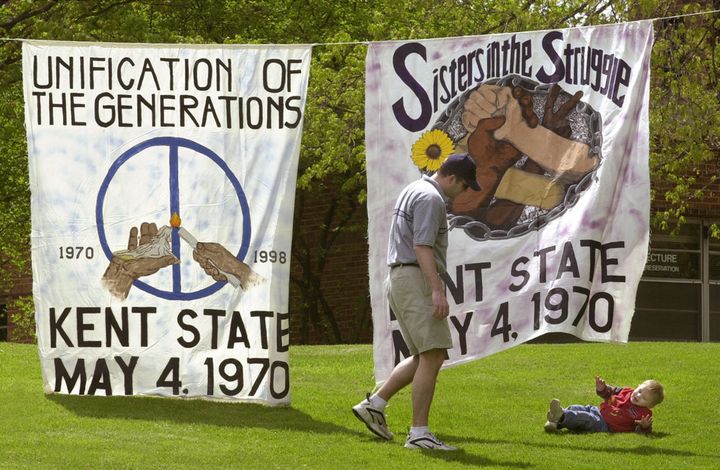 Banners commemorate the anniversary on the Kent State campus
