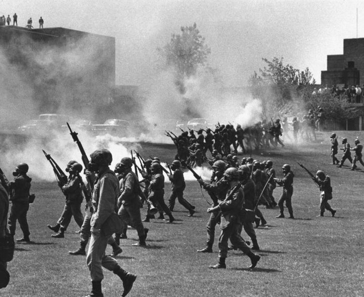 Ohio National Guard moving in on protesting students at Kent State University. May 4, 1970.