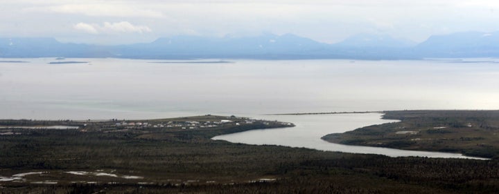 Aerial view of the village of Newhalen, August 27, 2013. The Bristol Bay watershed supports all five species of Pacific salmon found in North America and accounts for almost half the world's supply of wild red salmon. (Bill Roth)