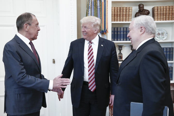 Russia's foreign minister, Sergei Lavrov, President Donald Trump, and Russia's ambassador to the United States, Sergei Kislyak, during a meeting May 10 in the White House. The photo was taken by TASS, the Russian news agency, which was let into the Oval Office for the visit even though no U.S. media was permitted in.