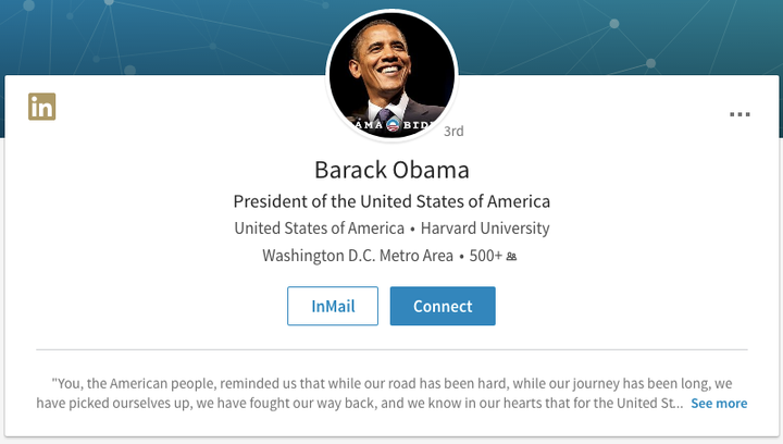 A screenshot of Barack Obama's LinkedIn as of May, 2017.