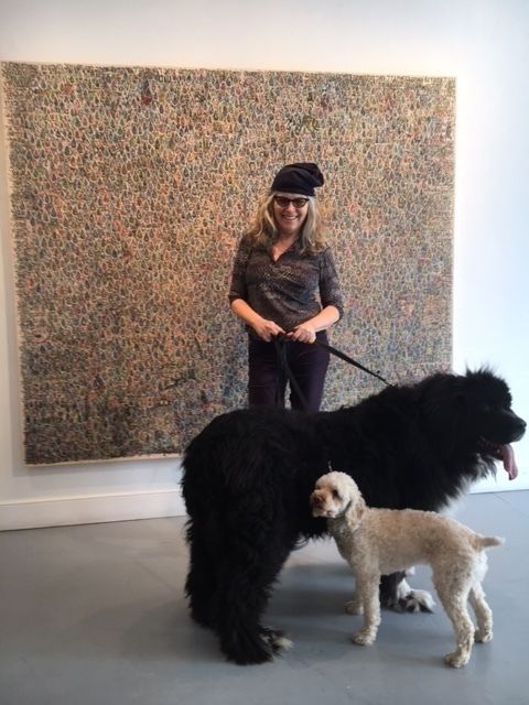 <p><em>Water</em> (block-printed, painted & carved wood, 72 by 84 inches), from Rubinstein’s recent exhibition MY ONLY DRINK (featuring the artist and her dogs Kelti and Smoky)</p>