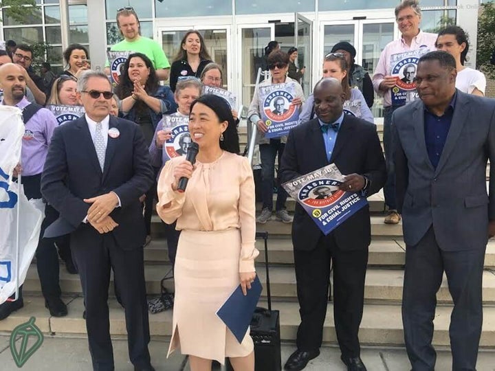 <p>Councilwoman Helen Gym, Rev. Mark Tyler, and Rev. Gregory Holston endorsing Larry Krasner </p>
