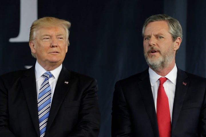 President Donald Trump with Liberty University President Jerry Falwell Jr., who praised the former reality TV personality for having a tendency to “speak his mind” when he endorsed him in 2016.