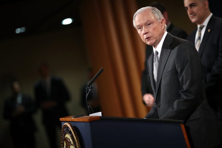 U.S. Attorney General Jeff Sessions speaks during an event at the Justice Department May 12, 2017, in Washington, DC. Sessions was presented with an award 'honoring his support of law enforcement' by the Sergeants Benevolent Association of New York City during the event, but did not comment on recent events surrounding the firing of FBI Director James Comey. (Photo by Win McNamee/Getty Images)