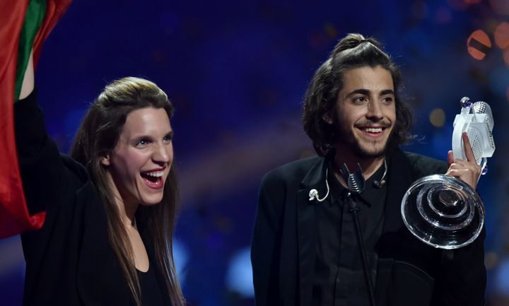 Salvador celebrates with his sister Luisa after winning Eurovision 2017