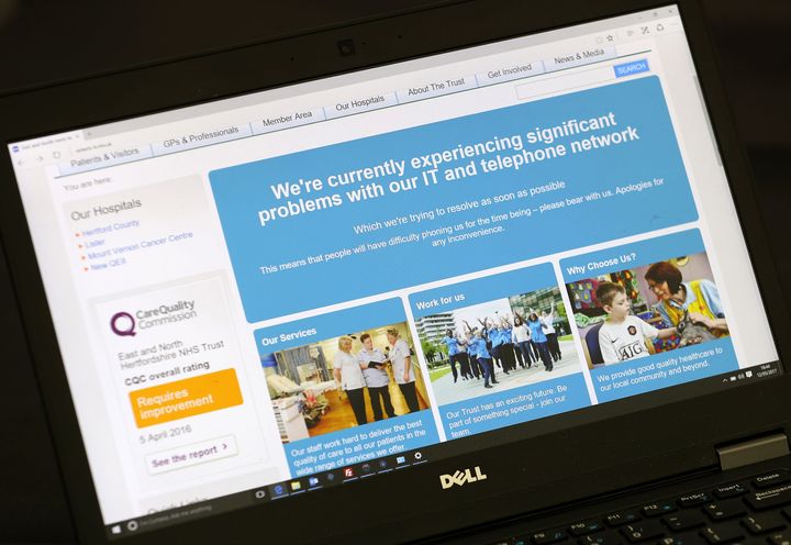 A message on a computer screen informing NHS customers that they are having problems with their IT services, as the NHS has been hit by a major cyber attack on its computer systems.