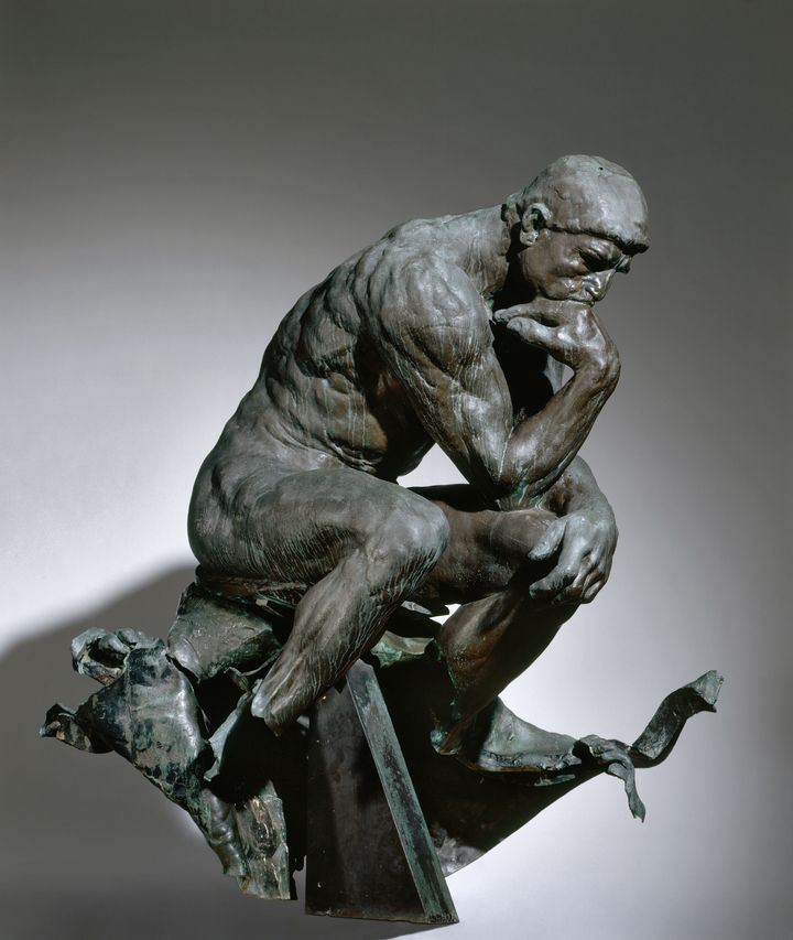 The Thinker Caption: bronze, Overall — h:182.90 w:98.40 d:142.20 cm (h:72 w:38 11/16 d:55 15/16 inches) Wt: 1,650 pounds — weighed by crane on 5/31/2006. Gift of Ralph King 1917.42 