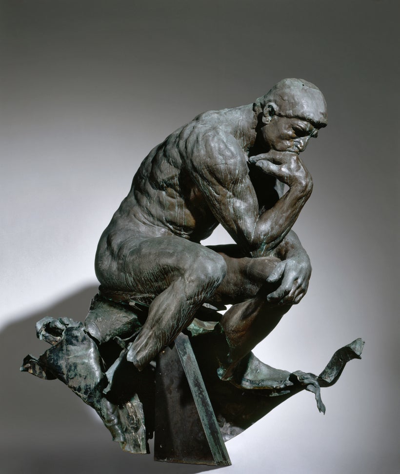 The Thinker Caption: bronze, Overall — h:182.90 w:98.40 d:142.20 cm (h:72 w:38 11/16 d:55 15/16 inches) Wt: 1,650