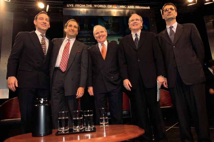 Andrew Lack (second from left) meets with executives from Microsoft, General Electric and Drugstore.com in Manhattan to announce the creation of MSNBC.