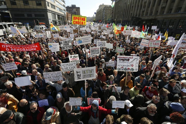 Residents protest against the decision by authorities to demolish soviet five-storey houses in Moscow, Russia, May 14, 2017.