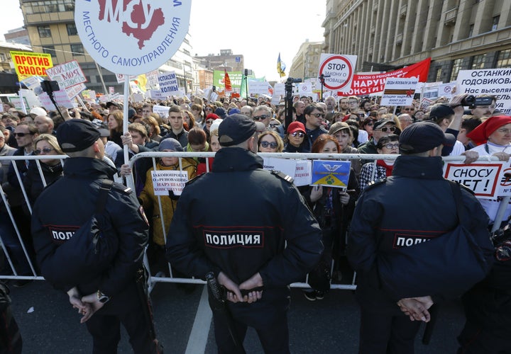 Residents protest against the decision by authorities to demolish soviet five-storey houses in Moscow, Russia, May 14, 2017.&