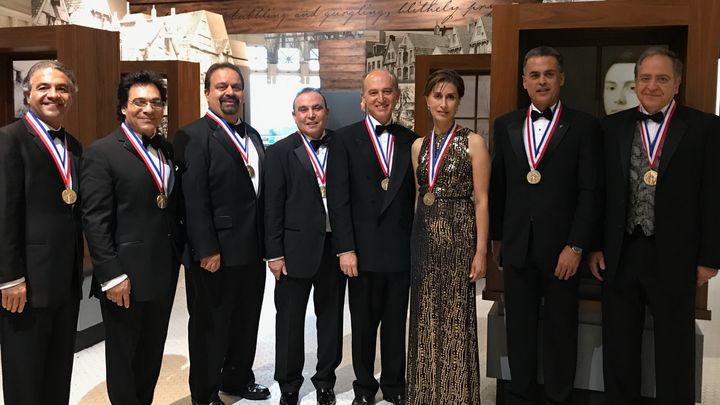 Iranian-American medalists (from left to right) Dr. Shaheen Tedjarati, Andy Madadian, Mohammad Farzaneh, Dr. Hossein Eslambolchi, Dr. Abbas Ardehali, Azita Raji, Hormoz Ameri, and Cumrun Vafa. 