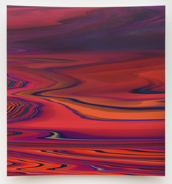 <p>Andy Moses. Geomorphology 1004, 2016. Acrylic on Polycarbonate mounted on concave wood panel. 47x43 in</p>